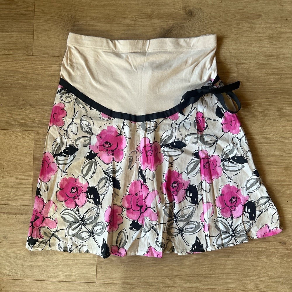 Motherhood Maternity Floral A-Lined Pink Rose Bow Over Belly Band Skirt